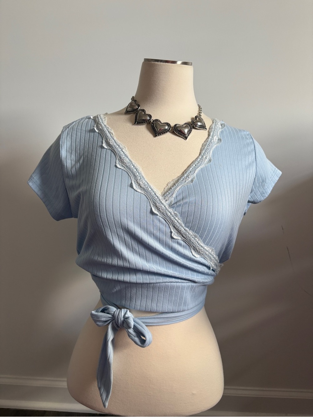 No Comment Light Blue Ribbed Knit Wrap Top | Coquette